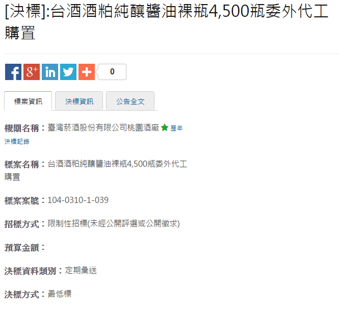 台酒酒粕純釀醬油裸瓶的招標也是公開資訊，4500瓶？  