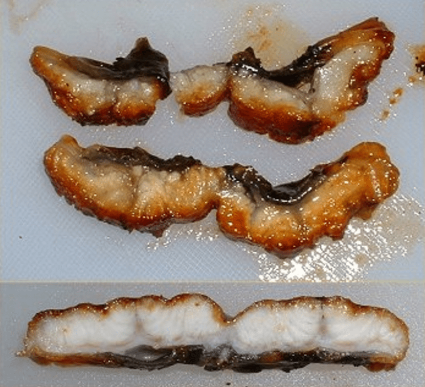 圖五 用微波加熱後 碳火燒製成的 鬆軟膠質四溢 而機械製品仍是不變 口感像蒸熟的