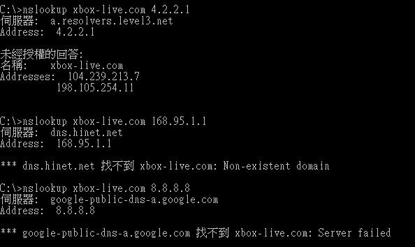中華電信168.95.1.1跟Google 8.8.8.8所做的Xbox-live.com Domain name查詢結果
