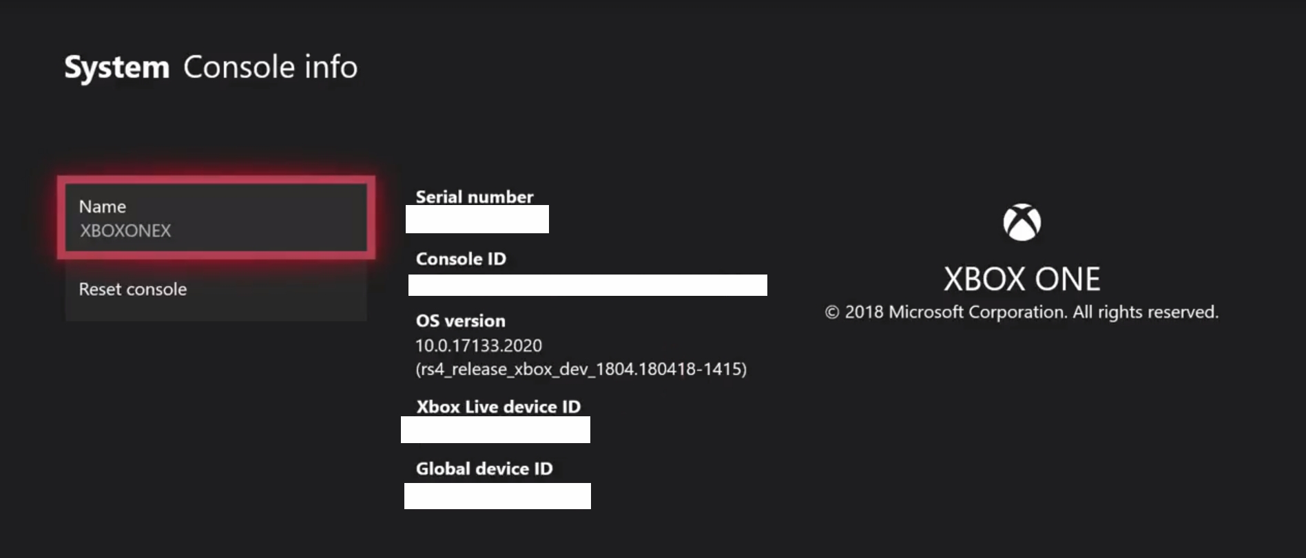 Xbox one X OS version 10.0.17133.2020