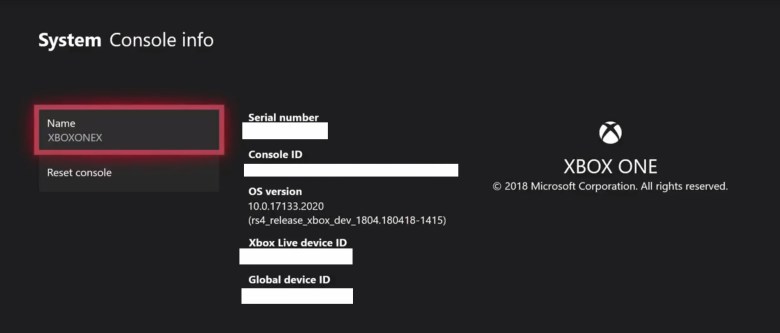 Xbox one X OS version 10.0.17133.2020