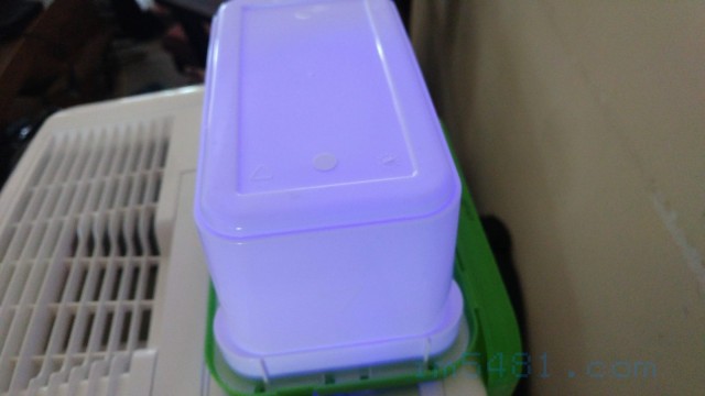 這是Dalli強力雙效洗衣膠囊的包裝塑膠盒子，因為洗衣膠囊溶破了一顆，結果成分中的螢光增白劑造成整個盒子有螢光反應。