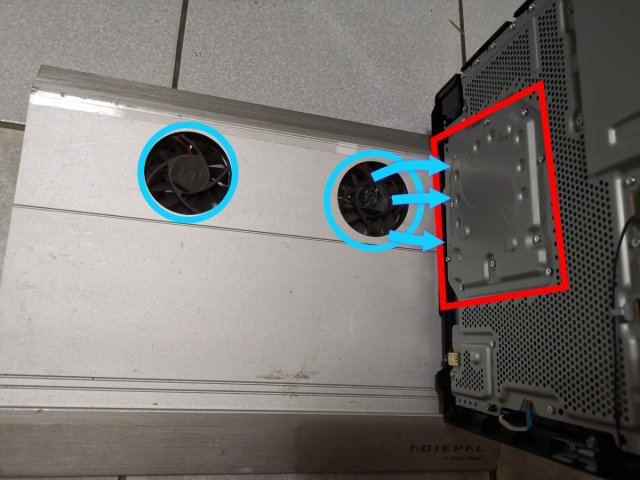 該筆電散熱墊風扇剛好可以直接吹到PS4 PRO主機最燙的位置