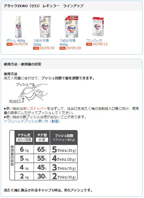 日本花王在白色版(直立式洗衣機版)的使用量說明，說明了滾筒式(ドラム式)洗衣機跟直立式(タテ型)洗衣機的建議壓噴次數跟用量