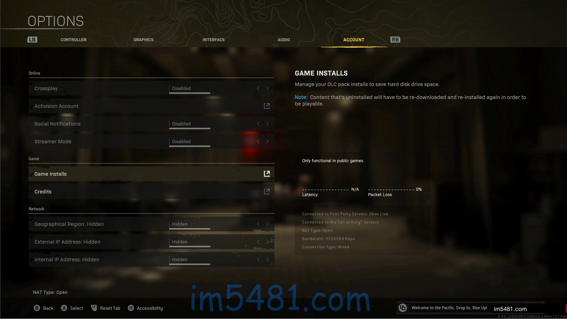 在Call of Duty WARZONE option(選項) ⟶Account(帳號)⟶Game Installs(遊戲安裝)