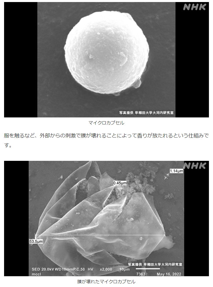 香料微膠囊技術與釋放後的香料粒子大小,釋放出的香料粒子大小可以小至0.45µm~1.14µm。資料來源: https://www3.nhk.or.jp/news/html/20230801/k10014147781000.html