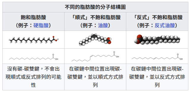 不同的脂肪酸的分子結構圖 硬脂酸、油酸、反式油酸的分子結構比較